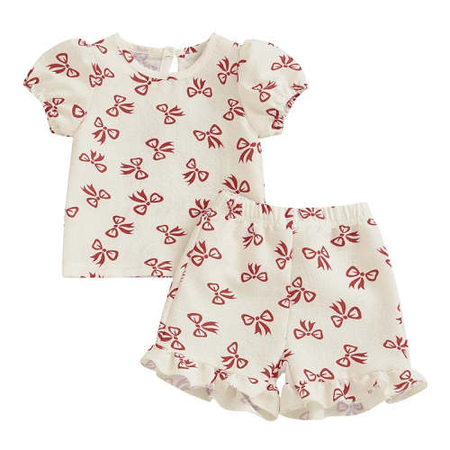 Baby Toddler Girls 2Pcs Summer Outfit Bow Pattern Crew Neck Short Slee – August + Willow