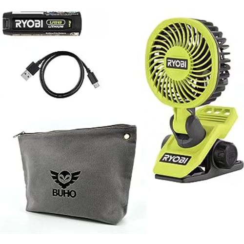 Buho Clamp Fan Accessory Bundle - Ryobi USB Fan Powerful Cooling Adjustable Head Multi-Directional Airflow 2 Speed Settings 135 CFM 7 Hours Runtime Clamping Capacity Zipper Pouch