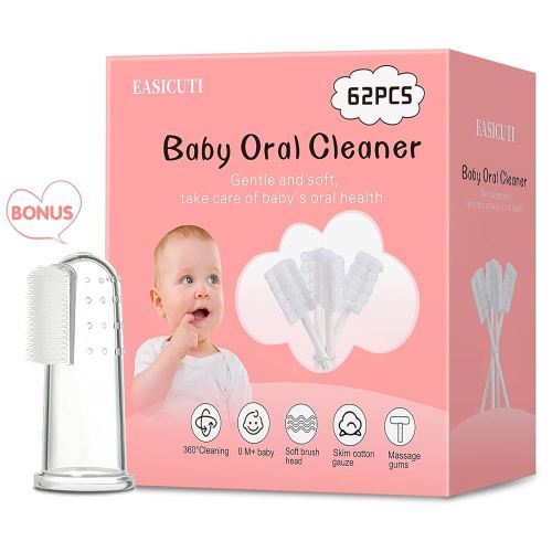 EASICUTI 62PCS Baby Tongue Cleaner, Baby Oral Cleaner Newborn Baby Toothbrush,Disposable Infant Toothbrush Clean Mouth,Gauze Gum Clean Stick Dental Care for 0-36 Month +1 Finger Toothbrush with Case