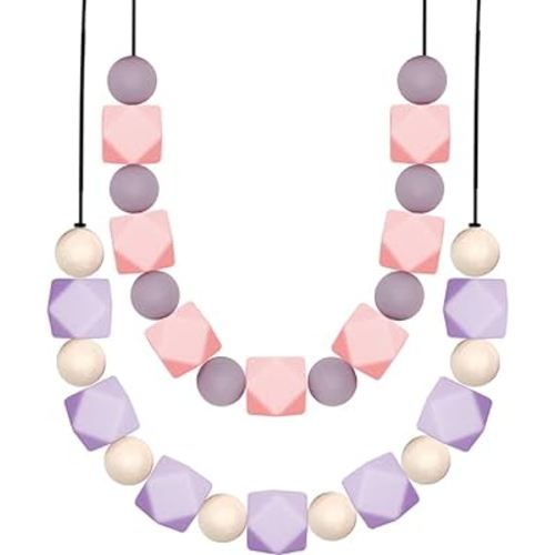 Chew Sensory Necklace 2 Pack, Teething Necklace for Mom to Wear, Sensory Chew Necklace or Kids or Adults That Like Biting or Have Autism, Perfectly Textured Silicone Chewy Toys