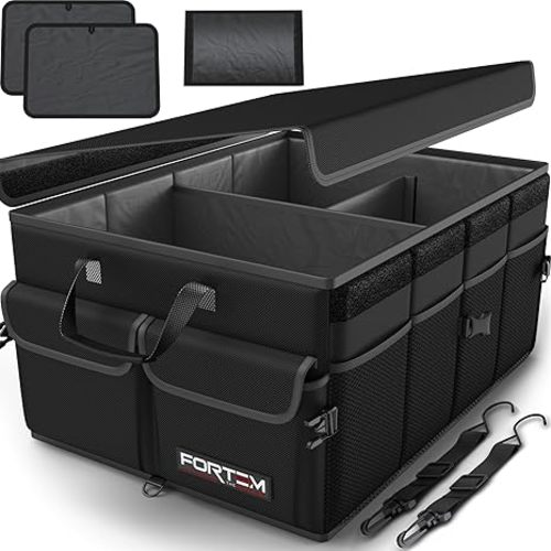FORTEM Car Trunk Organizer, Collapsible Multi Compartment SUV Organizer, Foldable Storage for Car Accessories for Women Men, 600D Oxford, Non Slip Bottom, Securing Straps, Soft Cover (50L)