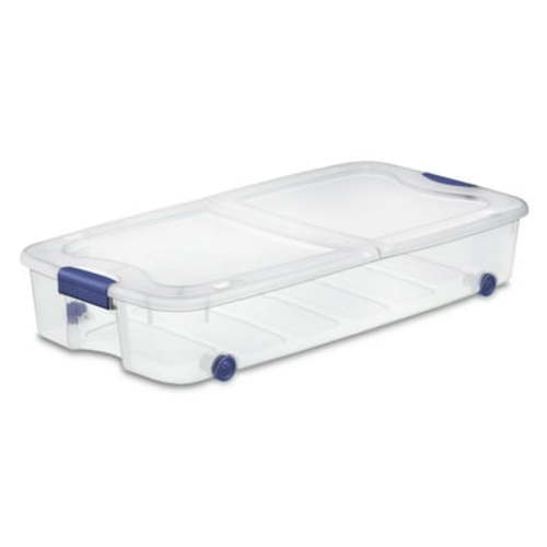 Sterilite 66 Quart Wheeled Latch Box, Clear Underbed Storage Bin with Lid, Blue