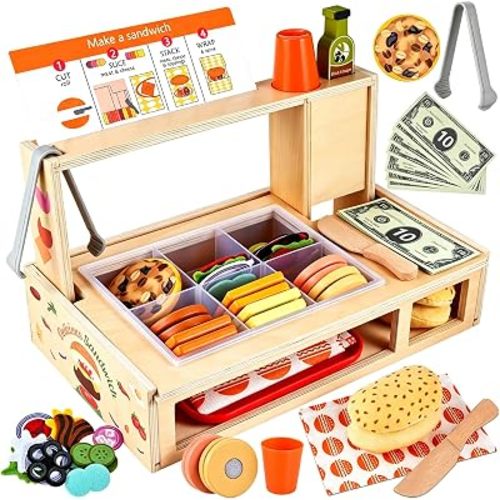 Foldable Sandwich Maker Toy, Wooden Sandwich Counter with Hamburgers, Side Dishes, Beverages, Pretend Play Kitchen Food Toy, Preschool Toys Gift for Kids 3+