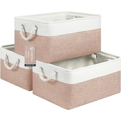 Storage Baskets, 3-Pack 15.7x11.8x8.2 inch Fabric Storage Bins, Versatile Storage Baskets for Shelves with Handles (White&Pink, 15.7X11.8X8.26)