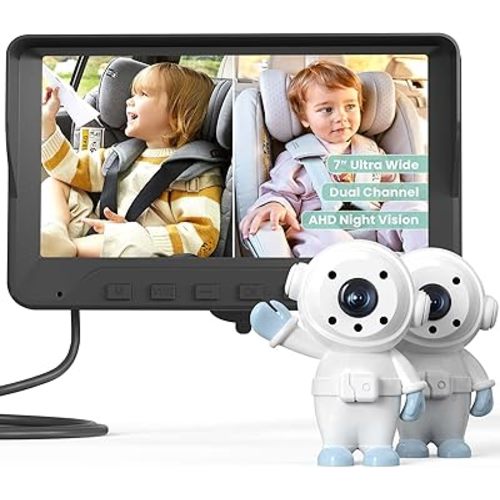 GROWNSY Baby Car Camera for 2 Kids, 7 in Ultrawide AHD Car Baby Monitor with 2 Camera, Backseat Mirror for Baby Rear Facing with Infrared Night Vision, Easily Observe Baby's Every Move