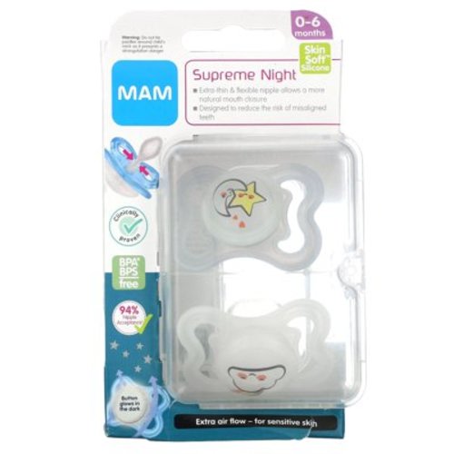 MAM Supreme Night Pacifier, 0-6 Months, Clear, 2 Count