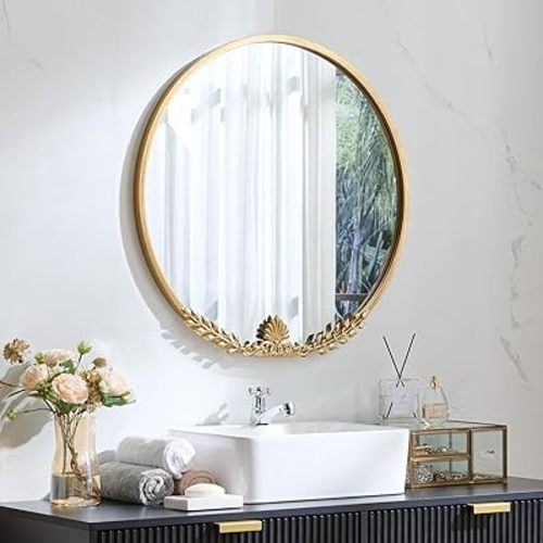 Round Vintage Mirror, 21inch Brushed Gold Round Mirror, Handmade Metal Leaf Framed Ornate Circle Wall Hanging Mirrors for Living Room, Bedroom, Entry Way Hallway