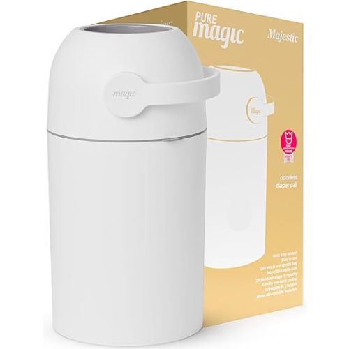 Pure Magic Diaper Pail Majestic, Patented Odor-Stop System, Use Any Garbage Bag, One Hand Free Lever, A Roll of Bag incld. (White)