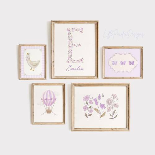 Vintage Nursery Gallery Wall, Whimsical Nursery Art, Custom Floral Nursery Prints, Purple Nursery Name Sign, Lavender Nursery Wall Art Lilac