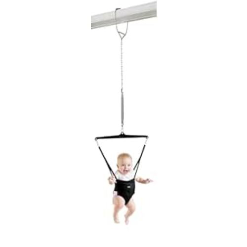 Jolly Jumper Iconic (Black), Doorway Baby Jumper, Indoor Exercise Saddle Seat, Adjustable Height, for Infants up to 28lbs, No Stand Required