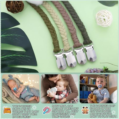 4 Pcs Pacifier Clip, Pacifier Clips for Boys & Baby Girls Pacifier Holder Clip Binky Clips Braided 100% Handmade Fits All Pacifiers(Green, 4 Pack)