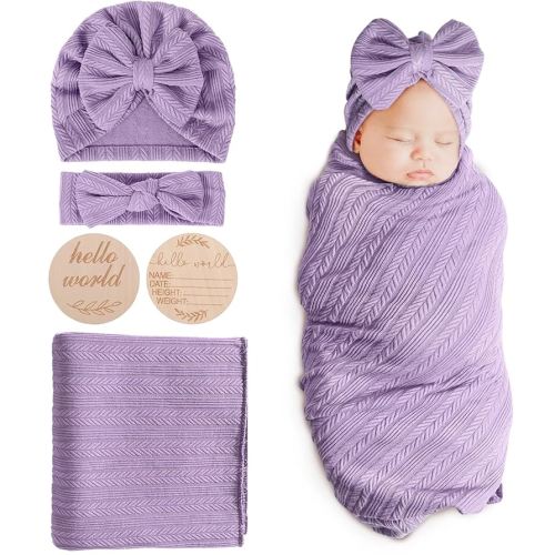DRESHOW BQUBO Baby Swaddle Blankets for Girls, 4PCS Newborn Accessories Set with Matching Hat and Bow Headband with Hello World Wooden Birth Announcement Card, Baby Blankets for Girls (Purple)