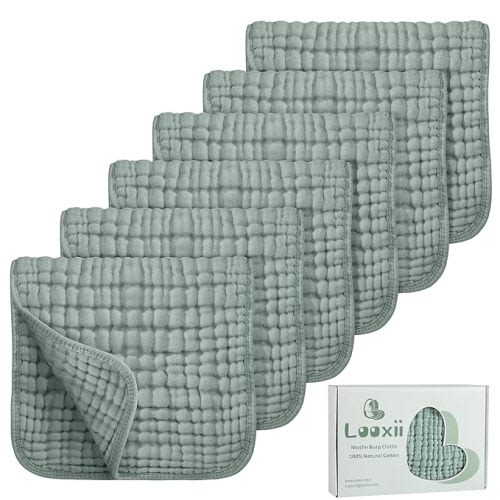 Looxii Muslin Burp Cloths 100% Cotton Muslin Cloths Large 20''x10'' Extra Soft and Absorbent 6 Pack Baby Burping Cloth for Boys and Girls (Dark Green) - Dark Green+gift Box