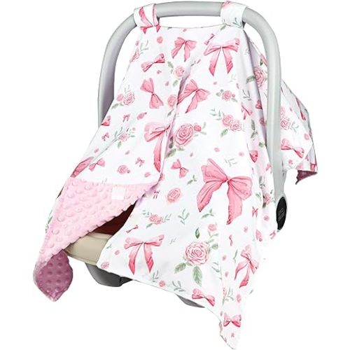 Baby Car Seat Cover, Peekaboo Opening Car Seat Canopy for Baby Girls Boys, Mom Nursing Breastfeeding Covers, Blanket for Infant, Pink Rose