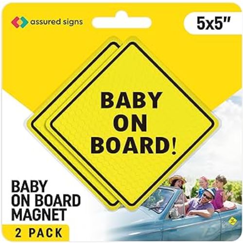 ASSURED SIGNS Baby On Board MAGNET for Car - 2 Pack, 5" by 5" - Essential Magnetic Sticker Sign for Bumper - Bright Yellow and Reflective - Best Safety Sign Accessories for Cars