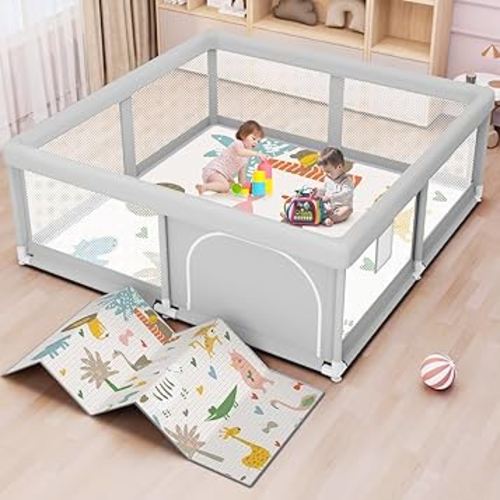 Baby Playpen with Mat 50x50 Inch, Play Pen for Babies and Toddlers with Gate, Baby Fence Sturdy Safety Playpen, Indoor & Outdoor Kids Activity Center