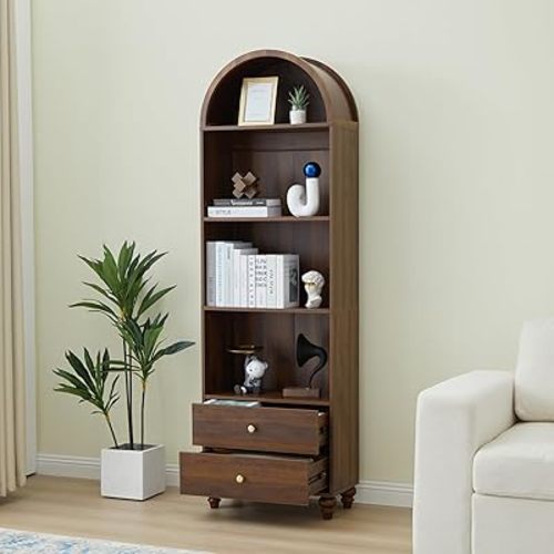 75.59" H Arched Bookcase, 4-Tier Arched Cabinet Bookcase with Drawer and Shelves, Accent Display Cabinet with 2 Drawer Storage for Living Room, Reading Room and Bedroom (Walnut)