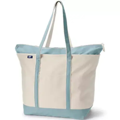 Medium 5 Pocket Open Top Canvas Tote Bag | Lands' End | X-Large | Natural/Teal | Long Handle | Zip Top