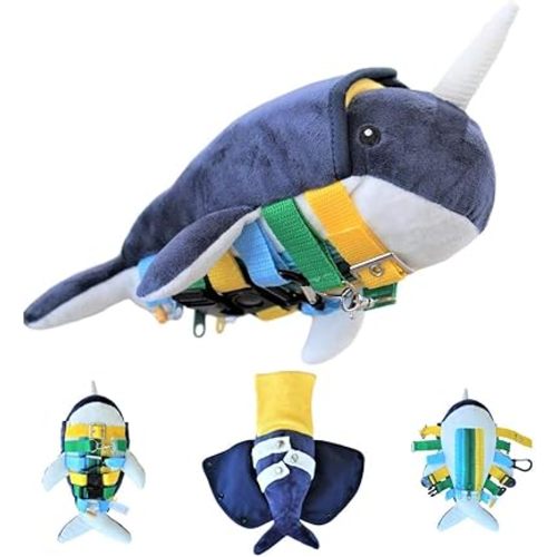 SENSORY4U Buckle Pillow Narwhal Stuffed Animal - Fine Motor Activity Toy for Kids, Counting, Sorting, Zipper Skills, and Marble Maze Fun