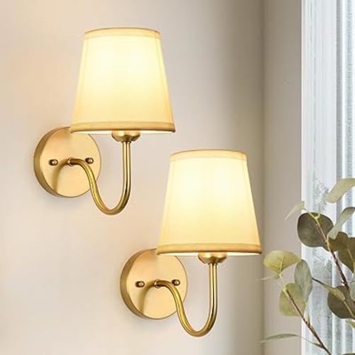 Wall Sconce Set of 2, Gold Bathroom Vanity Sconces Wall Lighting, Indoor Wall Lights with Light Beige Fabric Shades, Wall Mounted Lamps for Bedroom Living Room Hallway
