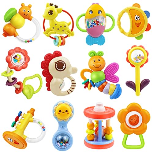 MOONTOY 12pcs Baby Rattles Set Teether Toys for Babies 0-6 Months Infant Baby Gifts Easter Basket Stuffers, Baby Toys 6-12 Months Teething Toys 3-6 Months Newborn Boy Girl 0 1 2 3 4 5 6 7 8 9 10 Month