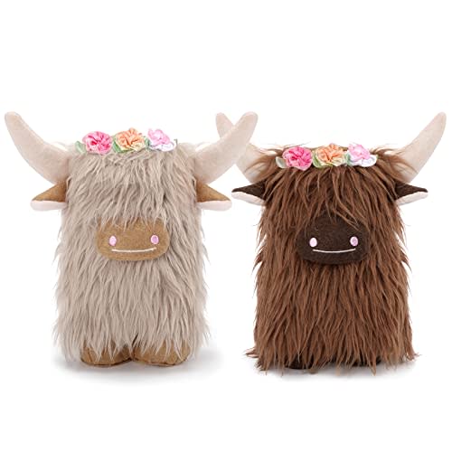 Upltowtme Highland Cow Gnomes with Flowers, Brown Scottish Tomte Doll Decor, Farmhouse Nordic Dwarf Home Decoration, Calf Gnome Herd Collection, Gift for Her, Set of 2
