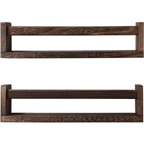 Nursery Book Shelves, Set of 2 Wood Floating Book Shelves for Kids Room, Kitchen Spice Rack, or Rustic Wall Mounted Shelves for Farmhouse Bathroom Decor (Carbon Brown)