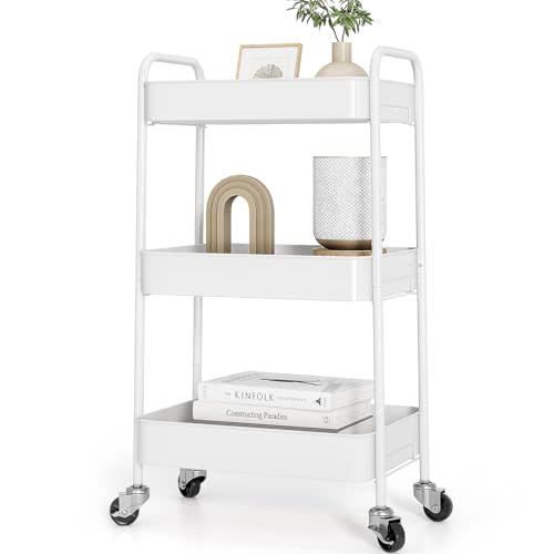 TOOLF 3-Tier Metal Rolling Cart with Wheels, Storage Utility Organizer Cart for Kitchen, Bathroom, Office, Baby Essentials & Makeup - Lockable Casters, Easy Assembly, Large Capacity, White