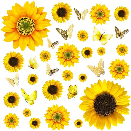 Sunflower Wall Decor - 27 PCS Sunflower Stickers for Walls with 3D Butterfly Wall Sticker Sunflower Nursery Decor Removable Yellow Flowers Decal for Kitchen Bathroom Bedroom Decoration
