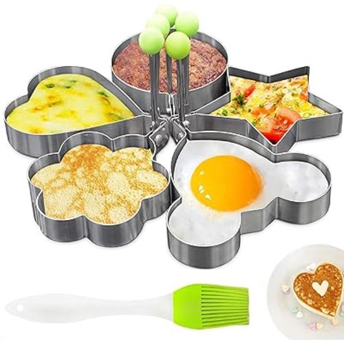 5 Pcs Pancake Molds for Griddle - Egg Shaper for Frying Pan, Stainless Steel Pancake Mold for Omelettes & Fried Eggs, Easy to Use & Clean, Various Shapes & Wide Application