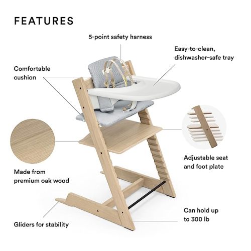 Tripp Trapp High Chair and Cushion with Stokke Tray - Natural Oak with Nordic Blue - High Chair, Cushion & Stokke Tray