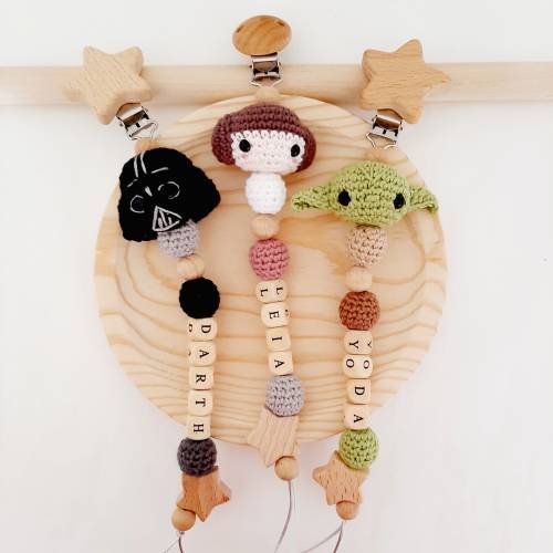 Star Wars inspired pacifier clip, Baby shower gift, Personalized, Unisex, Handmade. Amigurumi, Gift for babies, Newborn