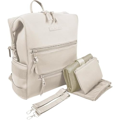 Neoprene Diaper Bag, Minimalist Backpack Diaper Bag with Pouch, Changing Pad, and Stroller Straps, Water Resistant and Lightweight Baby Girl Diaper Bag, Diaper Bag Backpack, Cream