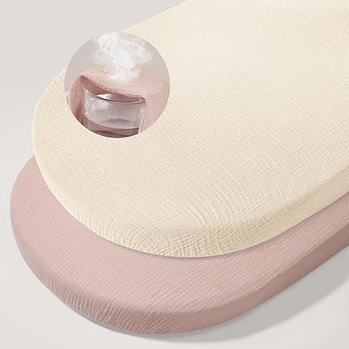 Basumee Baby Bassinet Sheets 2 Pack Muslin Bassinet Mattress Sheets for Boys Girls Soft Breathable Bedside Bassinet Fitted Sheet with Bottom Elastic Band 33''x17''x4'' Fit for Rectangle Oval Hourglass