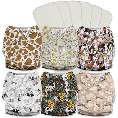 Mama Koala 3.0 Cloth Diapers for Babies with AWJ Lining, 6 Pack with 6 5-Layer Natural Cloth Diaper Inserts - Reusable and Washable Pocket Diapers(A-The Farm Story)
