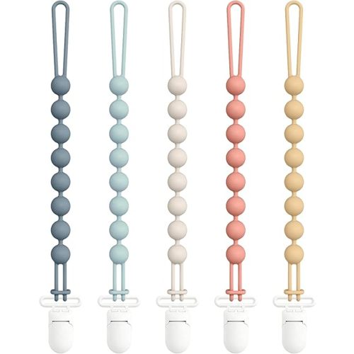 Cuddle Campus Silicone Pacifier Clip Holder with One Piece Design, Pack of 5 Soft Flexible Binky Clips for Baby Boy and Girl Set 1((3M+ Plastic Clip)