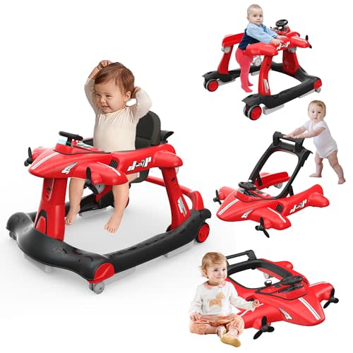 Betterhood 6-in-1 Foldable Baby Walker with Adjustable Height & Speed, Airplane-Themed Activity Push Walker with Music & Lights, Wheels, Anti-Slip Design, Suitable for Boys & Girls Aged 6-18 Months