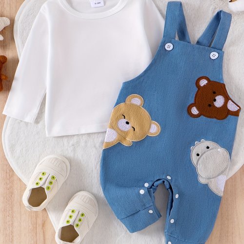 6-12 mth Toddler Baby Boy Fall Outfits, Long Sleeve Crew Neck T-shirt with Embroidery Animals Overall Pants Fall Outfit Clothing Set, for Outdoor