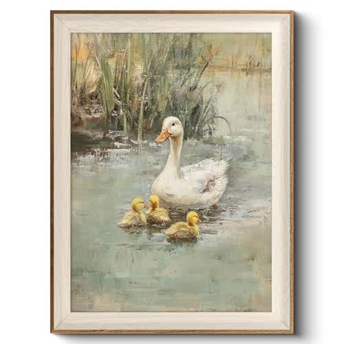VIYYIEA Framed Wall Art for Living Room, Duck Canvas Prints, Vintage Home Decor, Animals Painting Picture, Bathroom Wall Decor Gifts for Friends or Family -【Duck Family】-(16L x 12W)