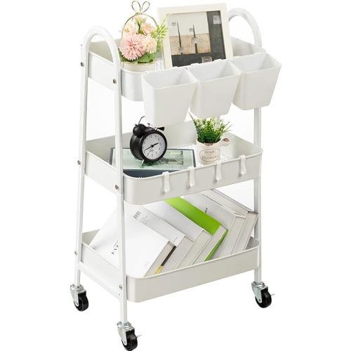 danpinera 3-Tier Rolling Cart, Metal Rolling Storage Cart with Lockable Wheels & Hanging Cups & Hooks, Mobile Trolley Cart for Kitchen, Bathroom, Office, Workshop, White