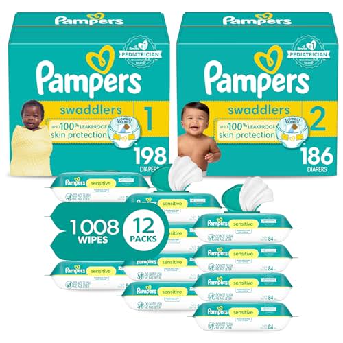Pampers Baby Diapers and Wipes Starter Kit, Swaddlers Disposable Sizes 1 (198 Count) & 2 (186 Count) with Sensitive Water Based 12X Multi Pack Pop-Top Refill (1008 Count)