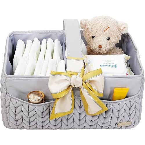Luxurious Baby Diaper Caddy, Nursery Storage Basket for Newborn Boy and Girl, Travel Baby Basket for Diapers Baby Wipes, Organizer Tote Bag Storage Bin, Baby Shower Gifts (light gray)