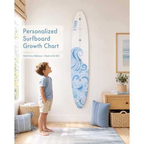 Seaside Series of Wooden Surfboard Growth Height Charts in White | Ocean Themed Nursery | Longboard Height Chart | Surfboard Signs