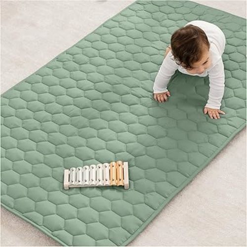 Comfy Cubs Rectangle Kids Play Mat - Small 36 x 60 inches Soft Quilted Baby Floor Mat with Non-Slip Bottom - Plush Design for Toddlers' Playtime and Relaxation - Comfortable and Durable - Sage