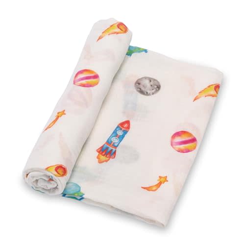 LollyBanks Swaddle Blanket, 100% Cotton Baby Blanket, Soft Muslin Swaddle Blanket 47 x 47 Inches, Neutral Baby Blanket for Boys and Girls, Baby Essentials, Registry (Space Print, Universe)