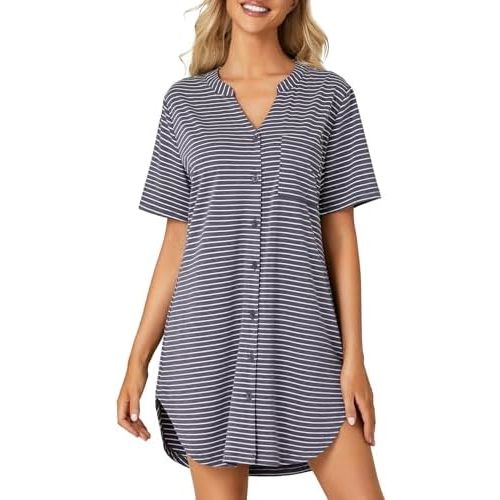 OPOIPIN Women's Nightshirt with Pocket Striped Button Down Short Sleeve Nightgown Nightdress