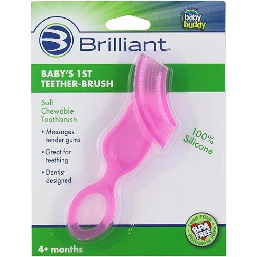 Brilliant Oral Care Baby’s First Toothbrush, Smooth Silicone Bristles Gently Clean Tender Teeth and Gums, for Ages 4+ Months, Pink, 2 Count