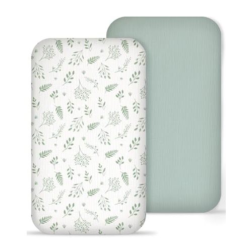 Muslin Bedside Bassinet Sheets 2 Pack, 33x20 Fitted Ultra Soft & Breathable Bedside Sleeper Sheets, Ideal for Baby Girl and Boy, Perfect for Newborns (Fern Leaf & Sage)