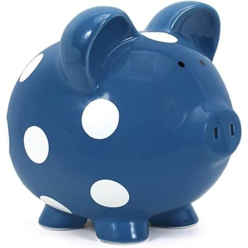Child to Cherish Ceramic Polka Dot Piggy Bank, Dark Blue