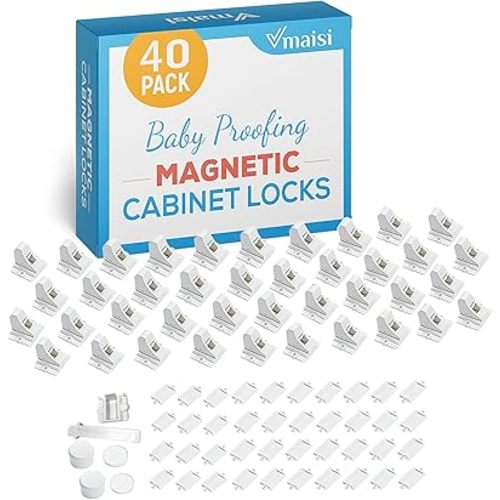 Vmaisi Adhesive Magnetic Locks for Cabinets & Drawers (40 Locks and 4 Keys)